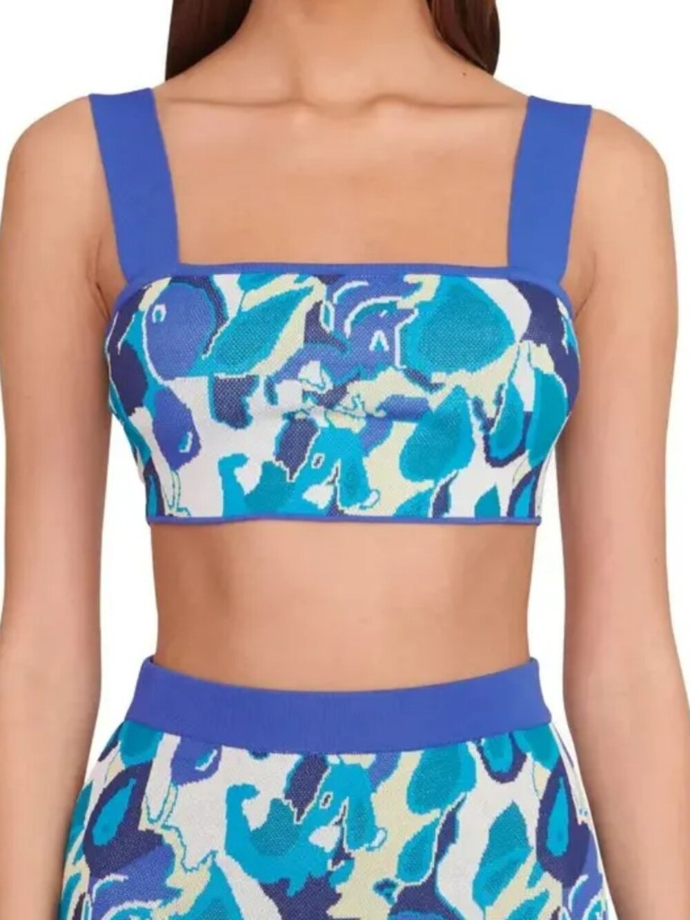 STAUD Zola Large Crop Top Wide Strap Bra type Blue & White Knit Designer